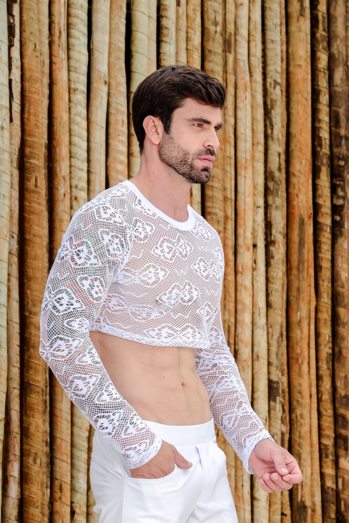 Cropped Masculino Manga Longa em Renda