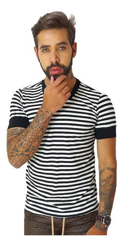 Camiseta Masculina Viscolycra Listrada com Punho nas Mangas