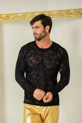 Camiseta Masculina Manga Longa em Renda Floral