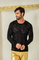 Camiseta Masculina Manga Longa em Renda Floral