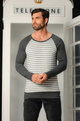 Suéter Masculino Listrado Cinza e Branco