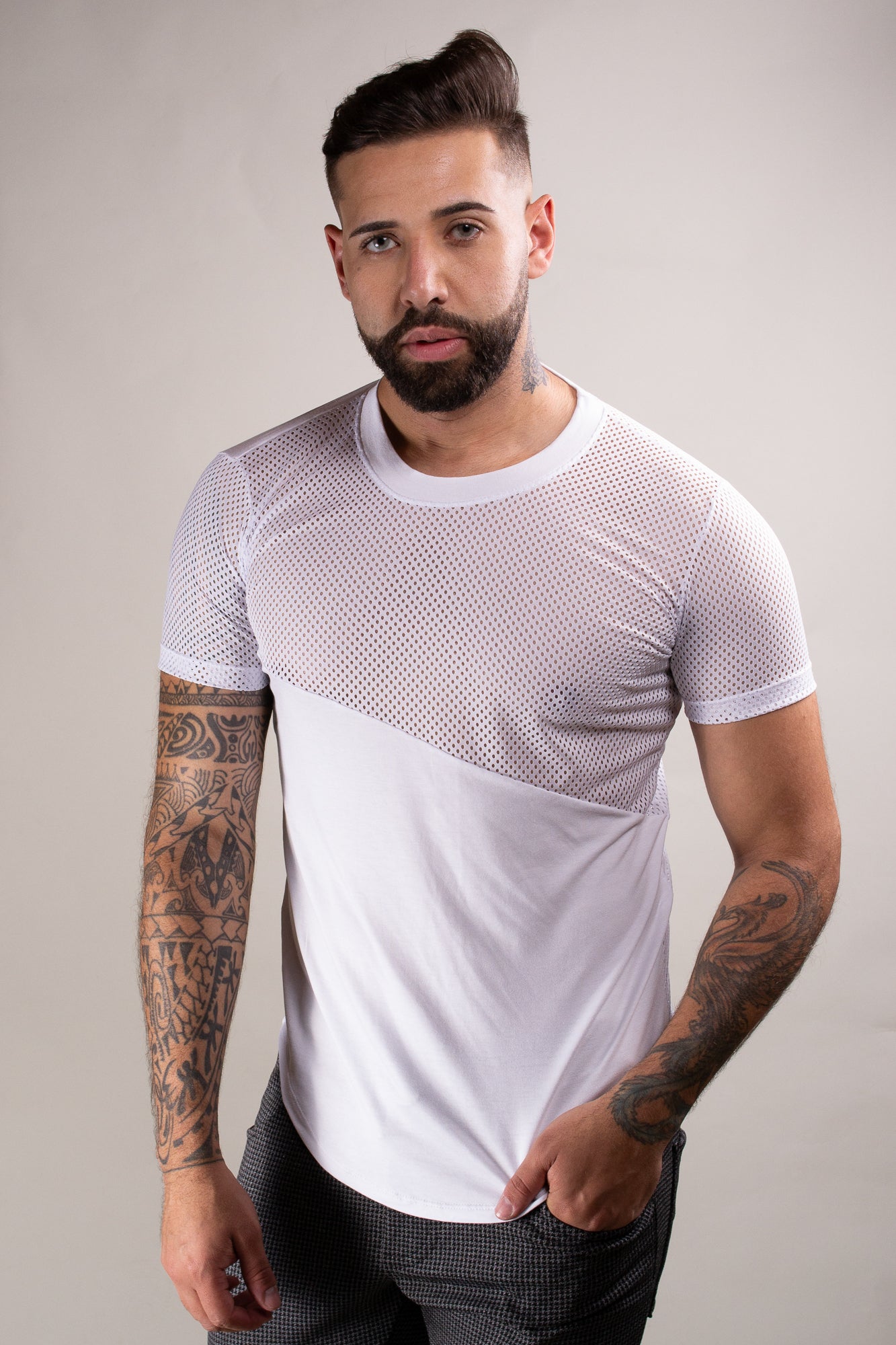 Camiseta Masculina Viscolycra Detalhe Frente e Costas Tela Branca