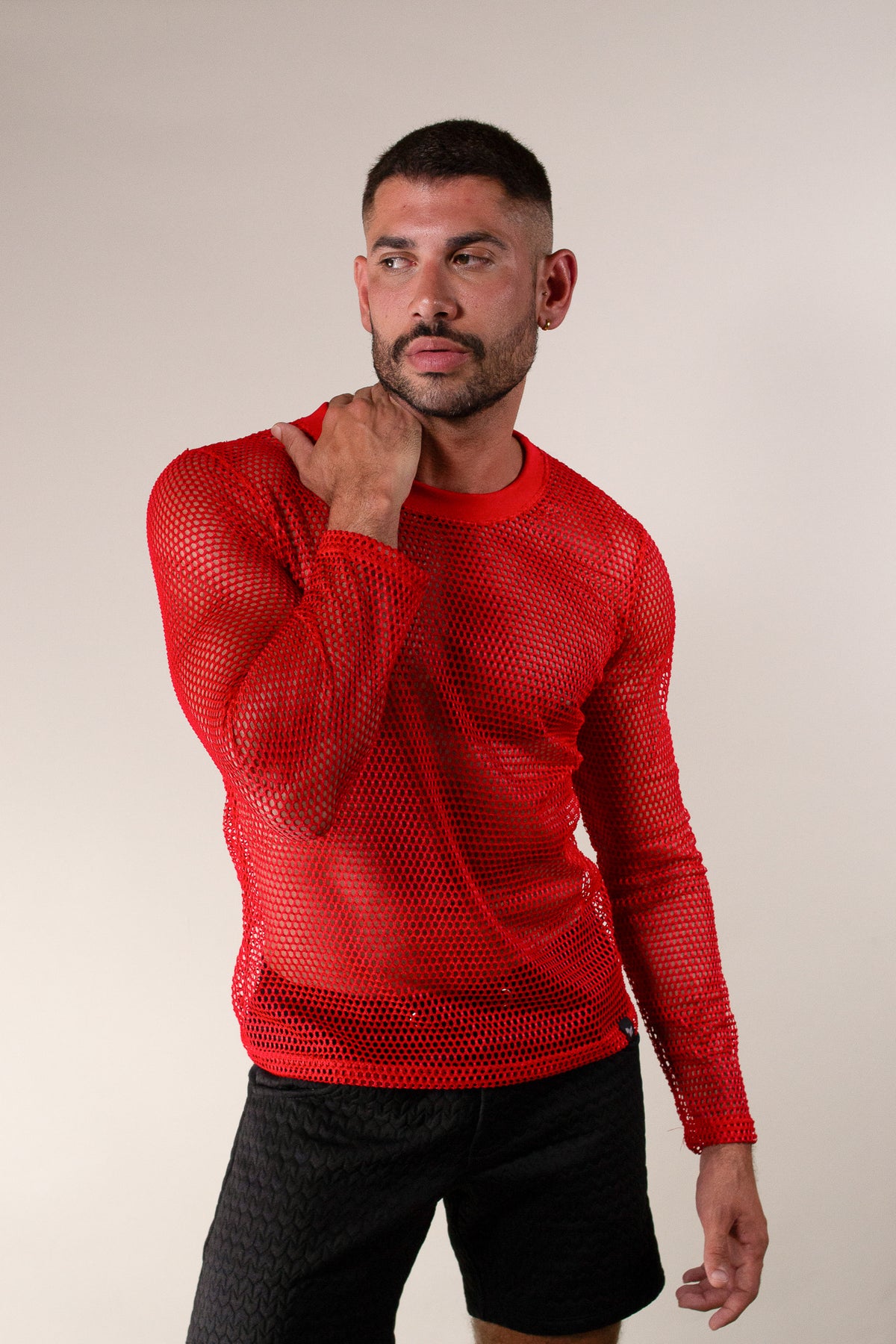 Camiseta Masculina Manga Longa em Arrastão Vermelho