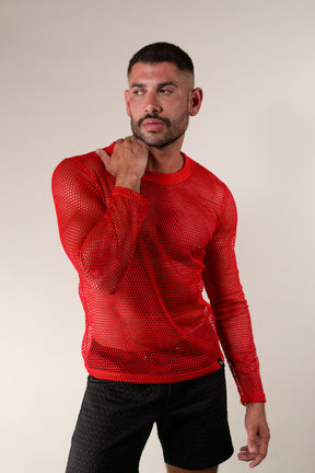 Camiseta Masculina Manga Longa em Arrastão Vermelho