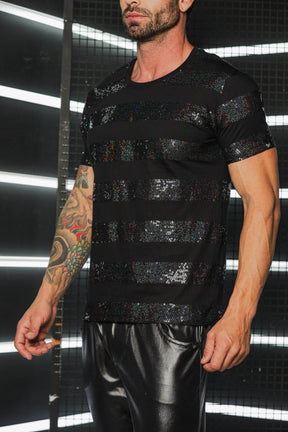 Camiseta Masculina em Malha Listras em Paetê