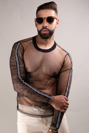 Camiseta Masculina Manga Longa em Tule Detalhe Listrado