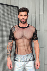 Camiseta Masculina em Tule com Manga Resinada
