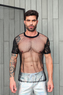 Camiseta Masculina em Tule com Manga Resinada