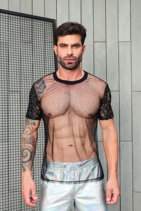 Camiseta Masculina em Tule com Manga Resinada