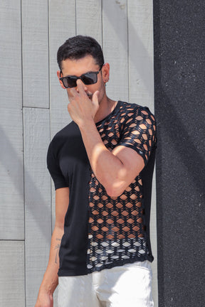 Camiseta Masculina em Arrastão Metade  Viscolycra