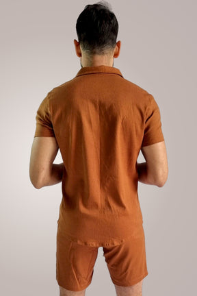 Conjunto Masculino Camisa e Short em Linho e Viscose Telha