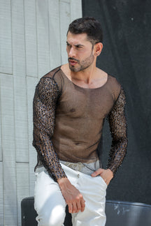 Camiseta Masculina Manga Longa em Arrastão com Paetê