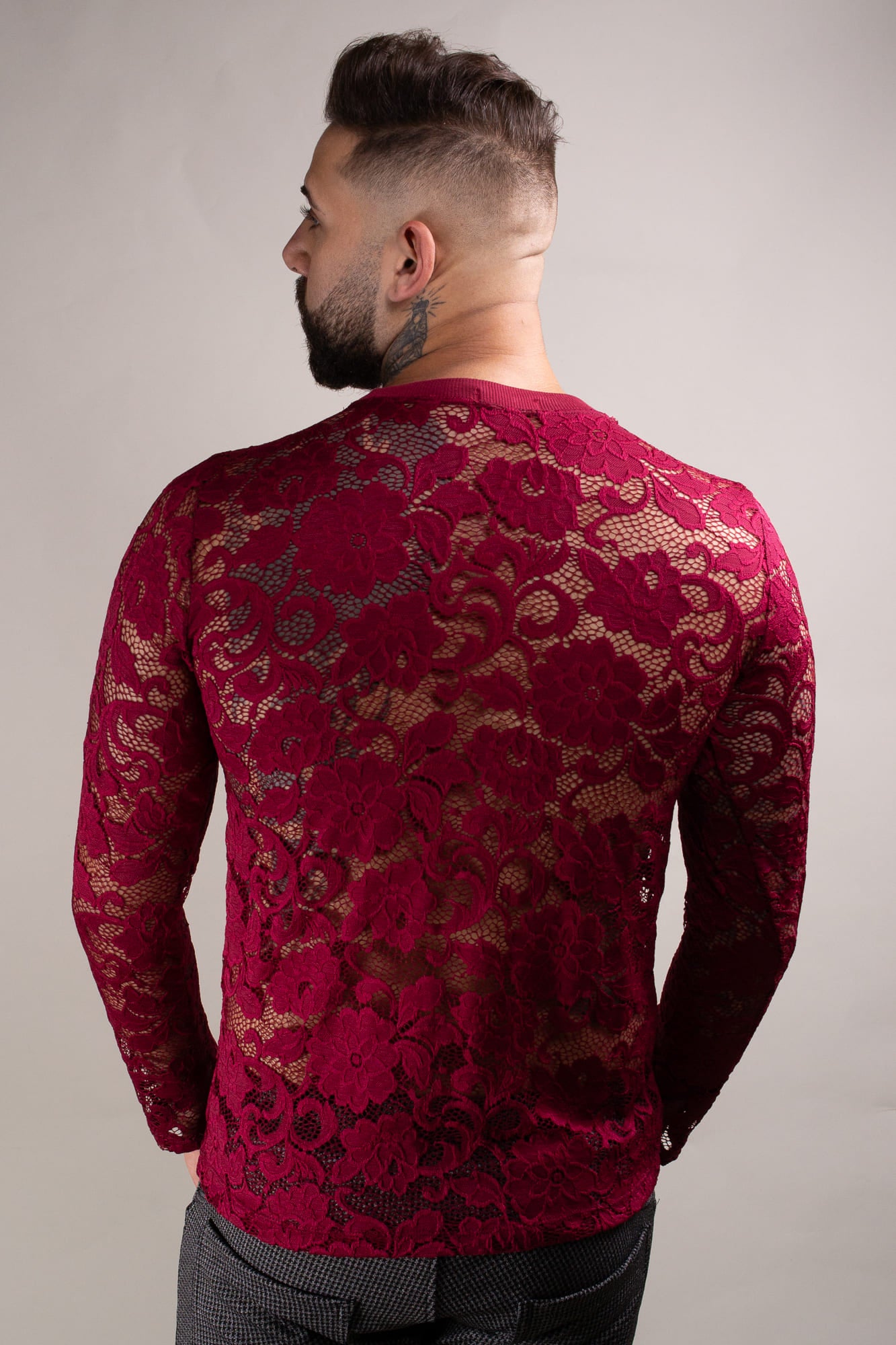Blusa Masculina Jotavê Manga Longa em Renda Floral Bordô