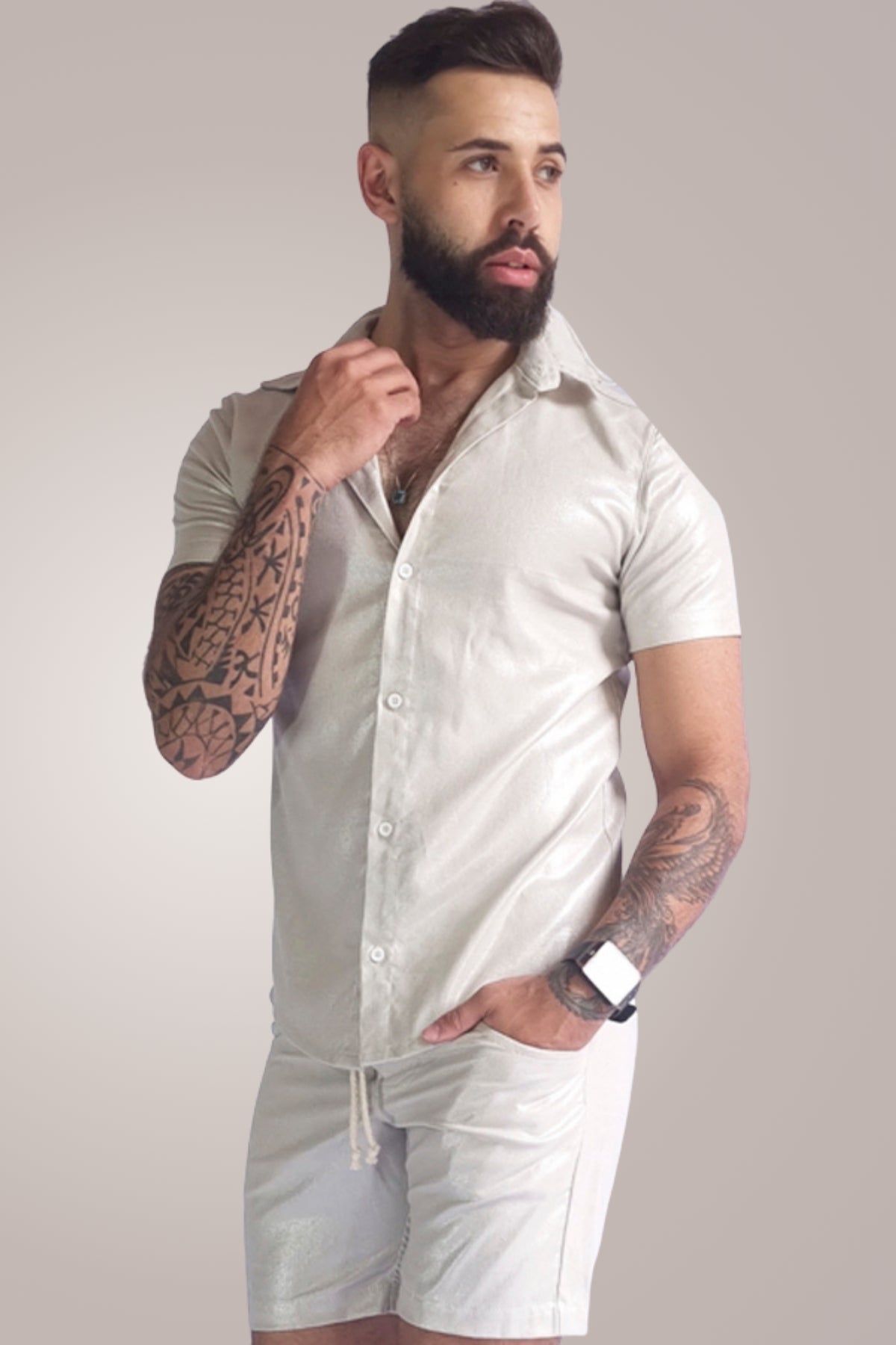 Conjunto Masculino Camiseta e Short em Linho Resinado Pérola Jotave