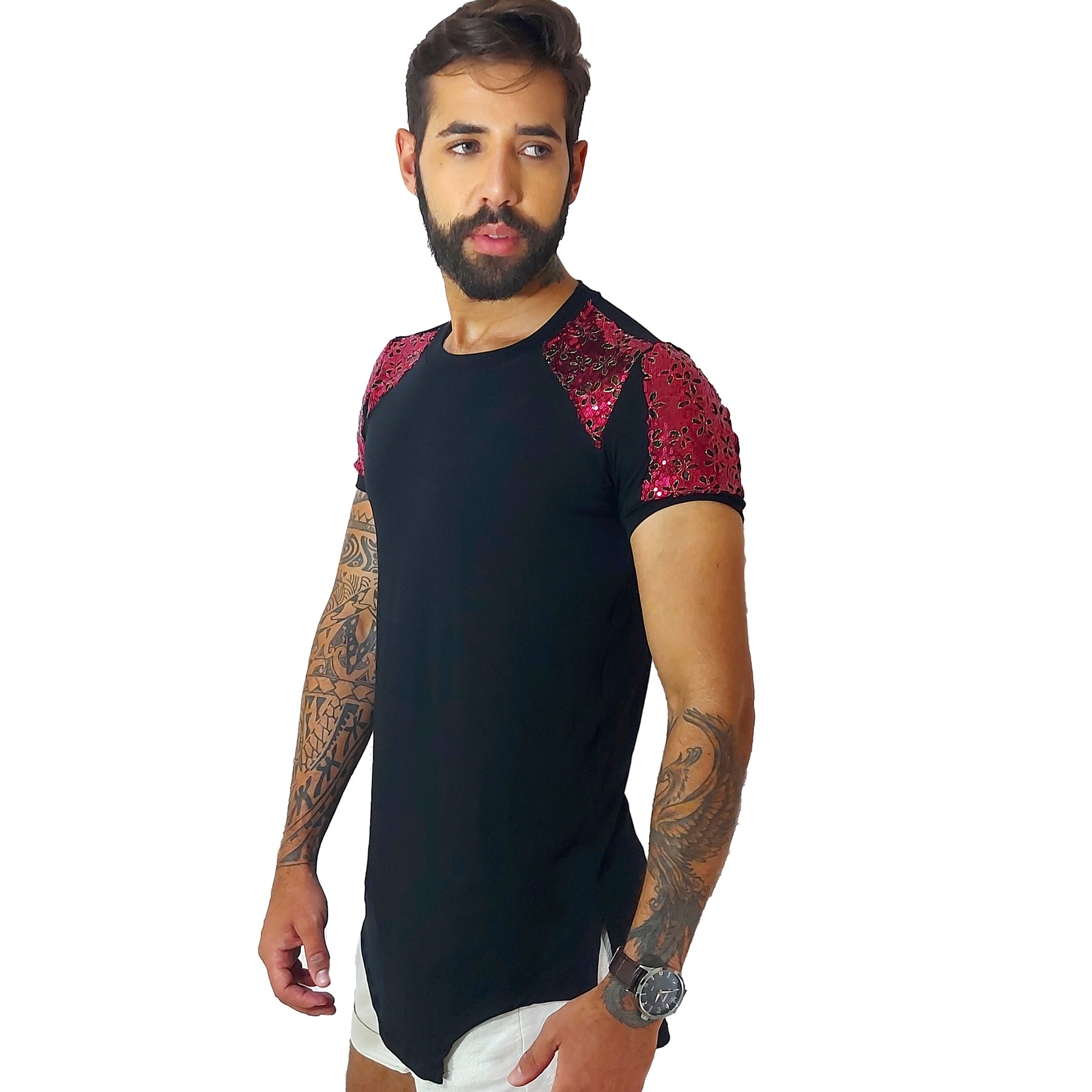 Camiseta Masculina Viscolycra Detalhe Mangas Paetê Rosa