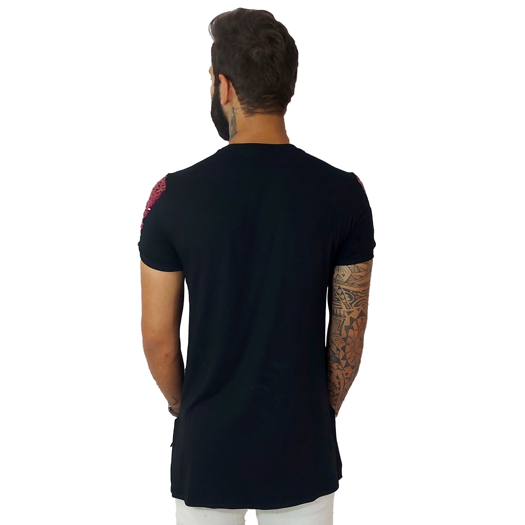 Camiseta Masculina Viscolycra Detalhe Mangas Paetê Rosa