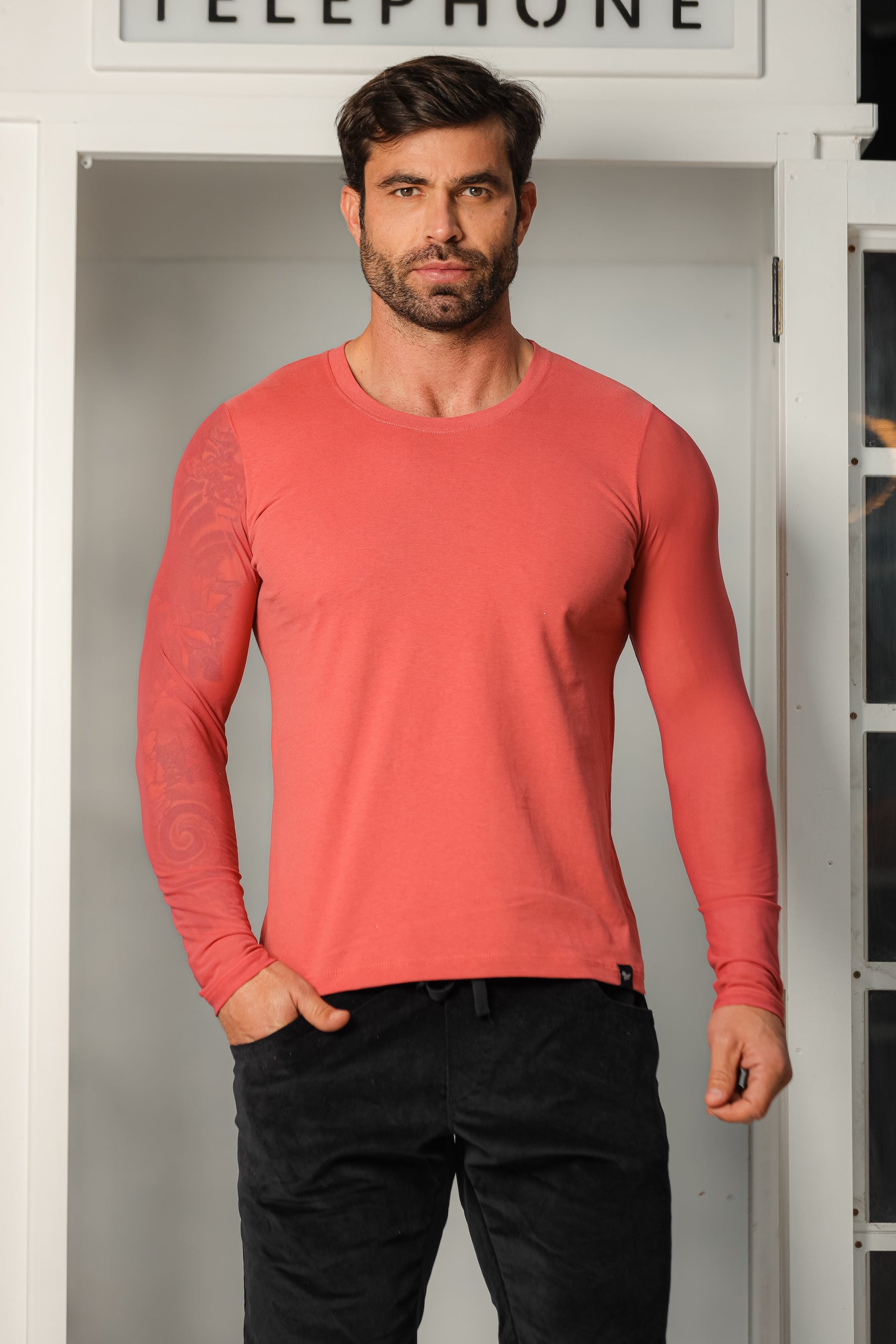 Camiseta Masculina Manga Longa Goiaba com Manga em Tule