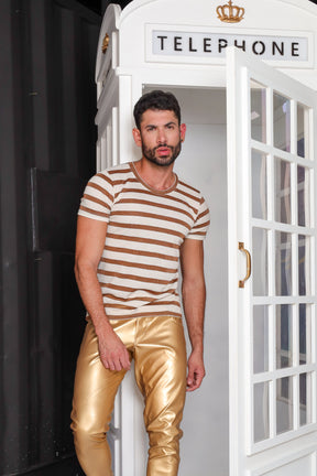 Camiseta Masculina em Malha Listra Bege e Dourado