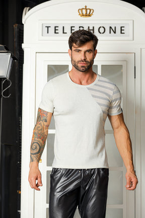 Camiseta Masculina em Lurex Detalhe Malha Listrada