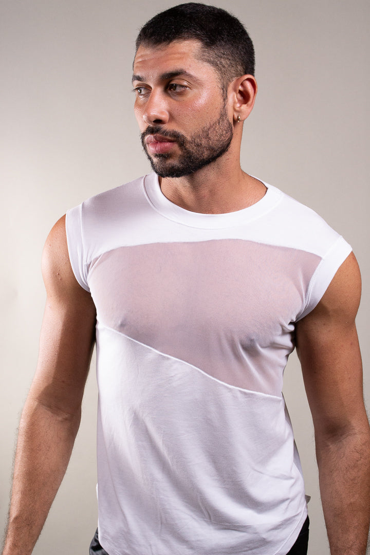 Regata Masculina em Viscolycra Detalhe Frente e costas em Tule Transparente