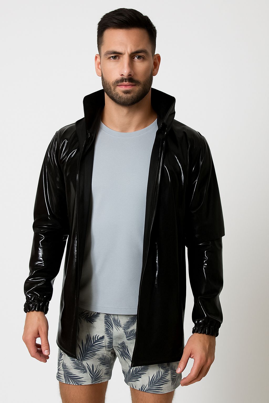 Jaqueta Masculina Long Line de Vinil com Capuz