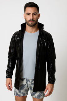 Jaqueta Masculina Long Line de Vinil com Capuz
