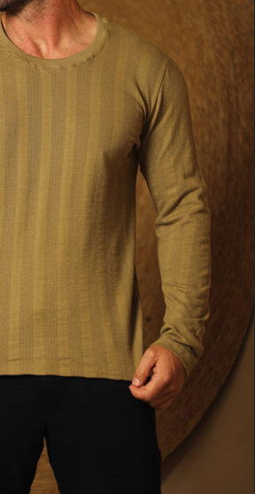 Camiseta Masculina Manga Longa Tricô Listrado Verde Oliva Claro