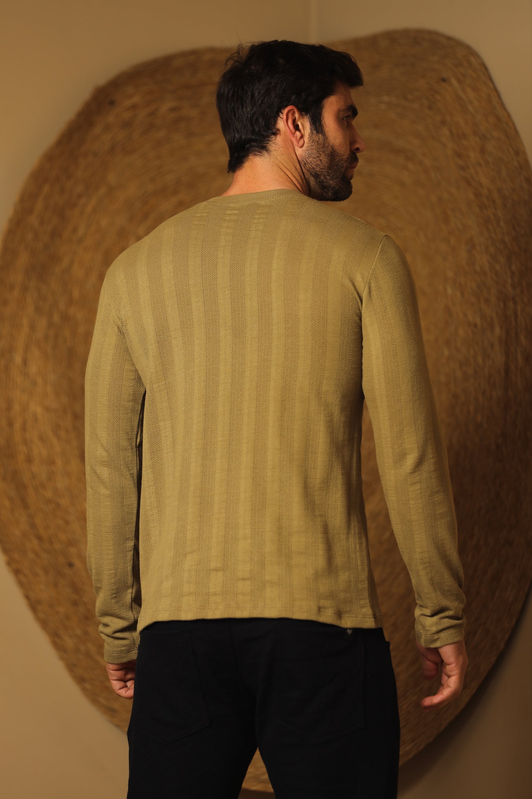 Camiseta Masculina Manga Longa Tricô Listrado Verde Oliva Claro
