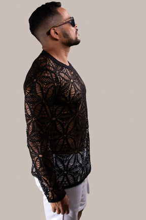 Camiseta Long Line Manga Longa em Renda