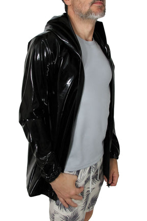 Jaqueta Masculina Long Line de Vinil com Capuz