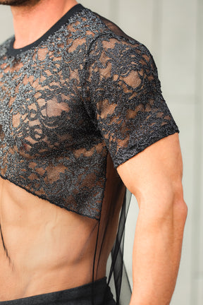 Camiseta Masculina Tule com Renda Glitterizada