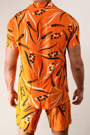 Conjunto Masculino Camisa e Short em  Viscose Floral Laranja
