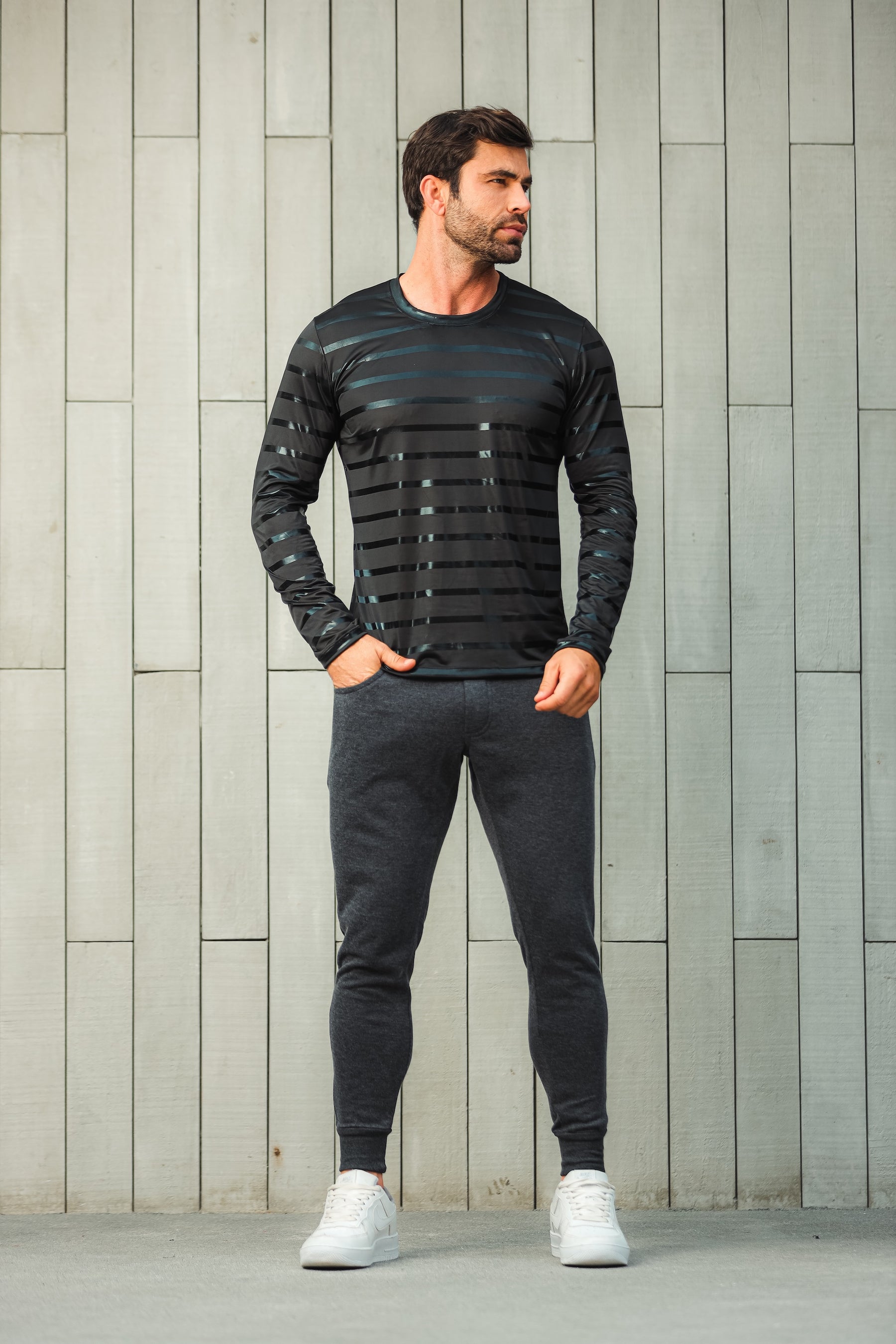 Camiseta Masculina Manga Longa Malha Listra Brilho