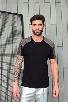 Camiseta Masculina em Viscolycra Mangas Paetê Brunella