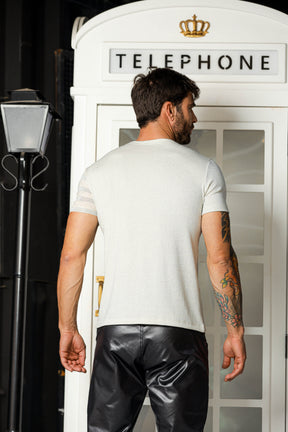 Camiseta Masculina em Lurex Detalhe Malha Listrada