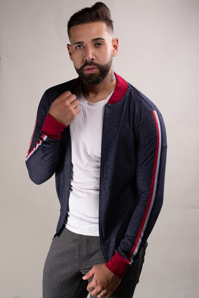 Jaqueta Masculina Moletinho Mescla Azul Detalhe Listra na Manga