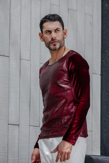 Camiseta Masculina Manga Longa Resinada com Detalhe em Veludo