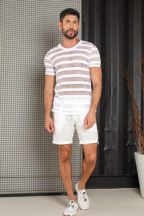 Camiseta Masculina em Arrastão Listrado Branco