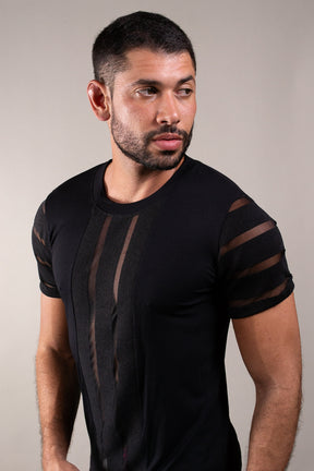 Camiseta Masculina em Viscolycra Detalhe Frente e Mangas Listrado