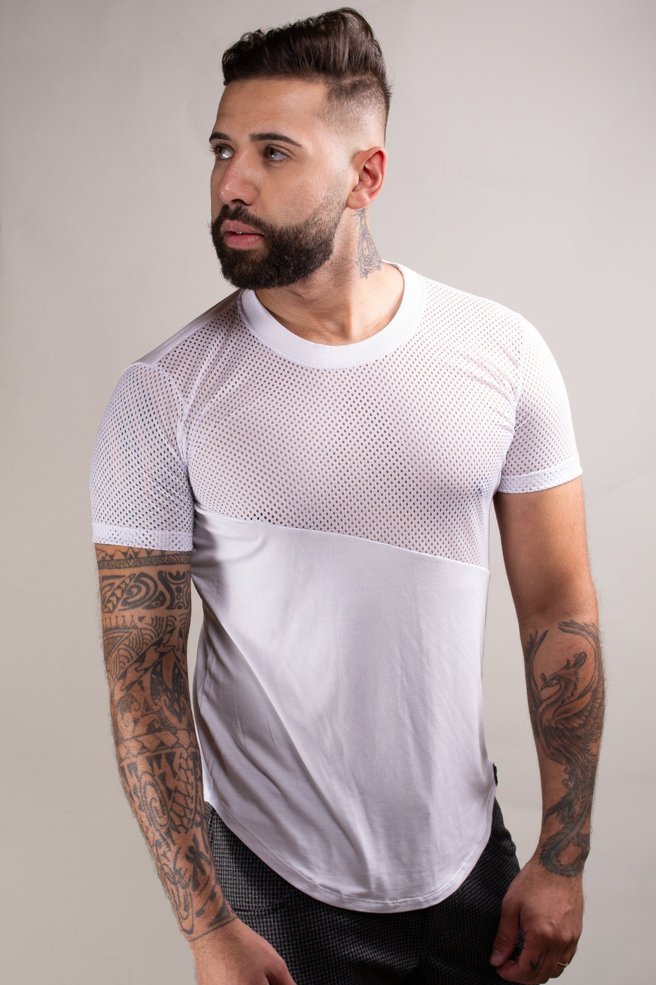 Camiseta Masculina Viscolycra Detalhe Frente e Costas Tela Branca