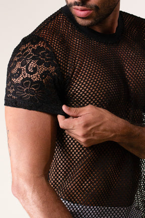 Camiseta Masculina em Arrastão Mangas em Renda