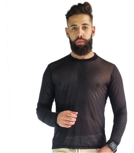 Camiseta Masculina Transparente de Tule Manga Longa