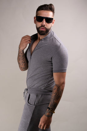 Macacão Masculino em Malha Cinza Gola Bomber