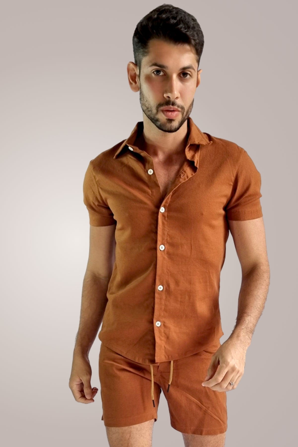 Conjunto Masculino Camisa e Short em Linho e Viscose Telha