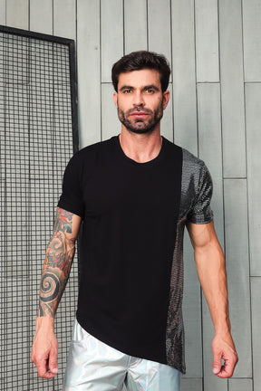 Camiseta Transversal em Viscolycra Detalhe Paetê Malha