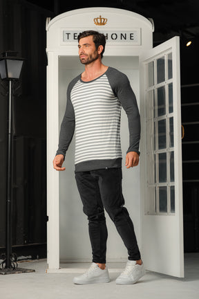 Suéter Masculino Listrado Cinza e Branco