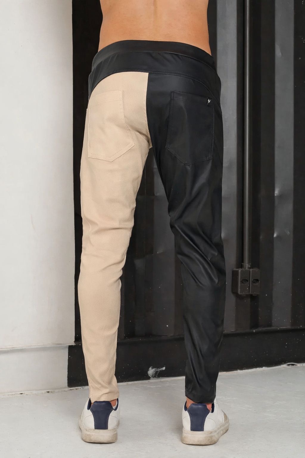 Calça Masculina Couro Ecológico Metade Bengaline Bege