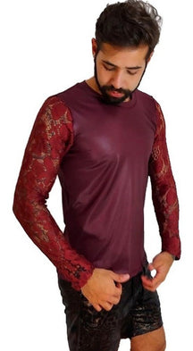 Camiseta Masculina em Cirrê Bordô Mangas em Renda Bordô