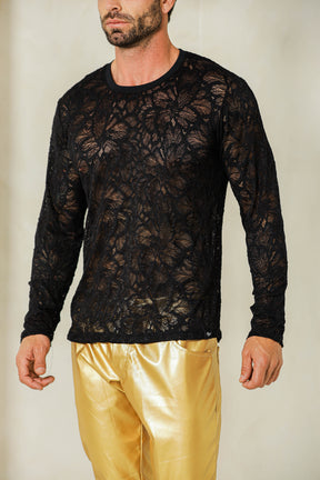 Camiseta Masculina Manga Longa em Renda Floral