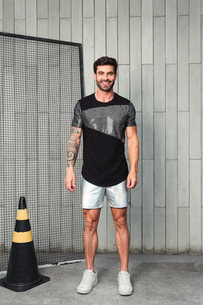 Camiseta Masculina Barra Arredondada Viscolycra com Detalhe em Paetê